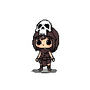 This pixel art features a chibi character with dark clothes and a striking white skull perched atop their head. Their large, dark eyes stare forward, creating a mysterious yet cute vibe.