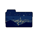 A pixelated nocturnal cityscape glows with warm lights nestled between silhouetted hills, viewed under a vast, starry night sky. The serene image evokes the quiet beauty of a city at rest.