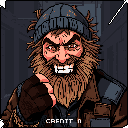 This pixel art portrait captures a menacing, middle-aged man with a snarling grin, aggressively pointing a finger directly at the viewer. The dark, gritty color palette and confrontational posture create a hostile and threatening vibe, reminiscent of a classic video game villain.