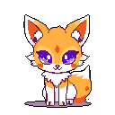 A cute, curious pixel art fox sits alertly, its orange fur accented with white and its bright purple eyes drawing you in. The cheerful design and vibrant color scheme create a friendly and inviting vibe.