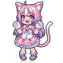 This adorable pixel art features a joyful cat-like character with pastel colors, striking a playful pose with raised paws and a sweet smile. Dressed in an elaborate frilly outfit, the sprite exudes cuteness and energetic charm.