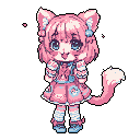 This pixel art features a cute, teary-eyed cat character in a frilly pink dress, standing nervously with hopeful eyes. The pastel color palette and retro style create an adorable yet melancholic vibe.