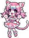 This vibrant pixel art depicts an energetic cat-girl kemonomimi, striking a joyful pose with a pastel color palette. Her fluffy ears, frilly dress, and sparkling eyes radiate cuteness and youthful enthusiasm.