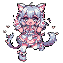 This pixel art features an adorable and energetic nekomimi character in a joyful sprint, complete with pastel colors, heart accents, and charming details like a ruffled dress and paw-like mitts. The cat-girl's lively pose and wide-eyed expression capture a moment of pure, playful exuberance.