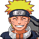 This pixel art captures a joyful anime-style character with spiky blond hair and facial markings, beaming with closed-eye laughter. His vibrant design and prominent headband suggest a moment of pure, unadulterated happiness.