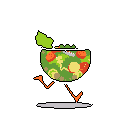 A quirky pixel art creation brings a salad bowl to life with spindly legs, striding confidently against a stark black background. This whimsical character, bursting with vibrant greens, reds, and browns, transforms a healthy meal into a playful, unexpected image.