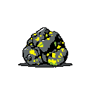 This pixel art showcases a pile of gray rocks rich with bright yellow mineral deposits, hinting at a valuable resource. The simple, high-contrast design emphasizes the utilitarian nature of this find.