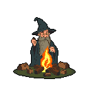 A solitary, robed wizard sits in quiet contemplation by a crackling campfire, pipe in hand. The pixel art evokes a sense of ancient wisdom and warmth amidst a simple, evocative scene.