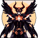 A powerful, armored demon with glowing wings stands poised and ready, radiating dark authority in this detailed pixel art piece. The high-contrast colors and intricate design create a striking image of immense power.