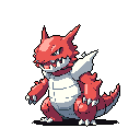 This pixel art depicts a menacing, red and white Kangaskhan-like creature with sharp horns and armored plating, poised to attack. Its aggressive stance and snarling teeth create a powerful, intimidating image.