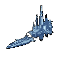 A sleek spacecraft soars near a futuristic city floating high above in this monochromatic blue pixel art, showcasing a vision of technological advancement and serene isolation.