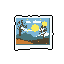 This pixel art scene captures a quiet winter landscape with stark trees framing a bright sun and snowy sky. The Polaroid-style frame adds a nostalgic touch to the serene woodland view.