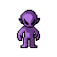 A mysterious, purple-toned pixel art alien with large, dark eyes stares out, its unsettling presence emphasized by the stark black background. The creature's pointed ears and long fingers hint at its non-human nature.