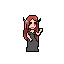 A lone pixel art woman with red-brown hair waves gently, her muted color palette and slightly downturned eyes creating a somber and mysterious mood. She wears a gray dress with purple and blue hair decorations, set against a stark black background.