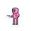 A stylized pink creature with a void-like mouth and backpack stands out against a stark black background. Its minimalist design and open mouth evoke a bizarre and slightly unsettling feeling.