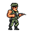 A pixel art soldier stands ready for action, rifle in hand, his determined expression and combat stance conveying a sense of imminent engagement. Clad in earthy-toned camouflage, the detailed sprite features realistic shading and a militaristic design.