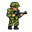 A pixel art soldier stands ready, rifle in hand, rendered in muted earth tones against a stark black backdrop. The image evokes a serious, militaristic feel, perfect for a game setting.
