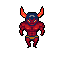 A muscular, red-skinned demon with glowing yellow eyes and flaming horns stands defiantly, its imposing presence enhanced by the stark contrast of its colors. The pixel art figure exudes an aggressive and intimidating aura.