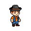A pixel art character with a grey hat, orange shirt, and blue vest stands ready, evoking classic video game sprites with its simple, nostalgic design.