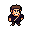 A retro-styled pixel art image features a mischievous-looking character in a dark outfit and brown hat, leaning slightly with a sly grin. This playful design evokes classic video game aesthetics.