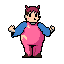 A quirky, stout character in tattered pink overalls and a blue undershirt stands against a black background, arms raised in a gesture of surprise. This pixel art image evokes a humorous and nostalgic feel with its limited color palette and simple design.