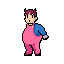 A quirky, cartoonish character with pink overalls and reddish-purple hair sports a surprised expression against a stark backdrop. The light tan-skinned figure's unusual color scheme and proportions create a unique, stylized design.