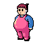 A pixel art character with a surprised expression wears pink overalls and a blue shirt. The simple design and muted colors create a charming, retro-inspired vibe.