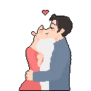 This pixel art portrays a tender moment as a man and woman share a kiss, a red heart floating above them. The intimate scene, rendered in soft pinks and greys, captures a feeling of love and connection.