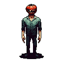 A creepy pixel art figure features a wide-grinning tomato head with sharp teeth atop a human body in a teal shirt and dark trousers. The unsettling design and isolated stance against a black void create a sense of unease and implied threat.