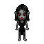 A gothic-style pixel art woman with piercing red eyes and lips stands starkly against a black void. The monochromatic figure exudes an eerie intensity.