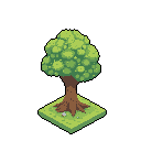 This charming pixel art depicts a stylized isometric tree with a fluffy green canopy and sturdy brown trunk, standing proudly on a small patch of grassy terrain. Its simple design and muted colors evoke a nostalgic, game-like aesthetic.