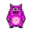 This pixel art features a cute, wide-eyed monster in shades of pink and purple. With a startled expression and relaxed posture, the simple design evokes a playful and humorous mood.