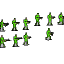This pixel art showcases a bright green soldier animation sprite sheet, featuring eleven frames of a figure walking/running with a rifle. The retro design evokes classic video game aesthetics with its simple color palette and utilitarian focus.