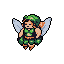 A serene pixel art fairy with leafy green accents and wings floats peacefully against a stark black background. She is dressed in earthy tones, suggesting a whimsical and calming presence.