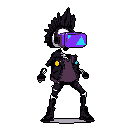 This pixel art features a cyberpunk figure sporting a vibrant VR headset, their dark clothing and spiky hair hinting at a rebellious, tech-savvy persona. The figure's dynamic pose and contrasting colors create a futuristic and engaging image.