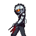 A lone, futuristic warrior with a menacing skull-like mask and glowing orange visor strides forward, wielding a vibrant red weapon. This pixel art image captures a gritty, action-packed moment with its high-contrast color scheme and focus on the character's tactical gear.