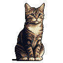This pixel art piece features a tabby cat sitting upright and gazing directly at the viewer, its simple design emphasizing the animal's quiet presence. The muted color palette and classic pixel style create a nostalgic and understated feel.