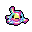 A vibrant, blob-like creature with fins and a playful expression bursts with retro energy in this pixel art piece. Its iridescent form shimmers with hot pink, purple, cyan, and other colors, creating a chaotic yet captivating design.