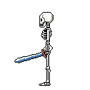 A pixel art skeleton stands poised with a sword, its stark white bones sharply contrasting against a black background. The figure's menacing expression and high-contrast design evoke a retro, ominous feel.