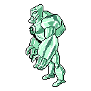 A futuristic, teal-toned robot with sharp angles and claw-like hands stands ready, its rigid posture conveying power and potential danger. The pixel art focuses on this imposing figure, highlighting its metallic or crystalline quality with stark contrasts.