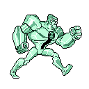 Pixel art brings Diamondhead from Ben 10 to life in a dynamic pose, charging forward with crystalline power. The retro style and limited green palette emphasize his strength and alien nature.