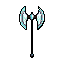 This pixel art showcases a shimmering, light blue double-bladed axe, its symmetrical design and cool tones hinting at a mystical weapon. Centered against a black background, the axe's ethereal quality evokes a sense of fantasy and power.