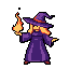A confident pixel art witch or wizard stands against a black backdrop, conjuring a small flame with one hand while gesturing powerfully with the other. The image, rendered in a muted purple and orange palette, evokes a sense of classic fantasy and subtle mystery.