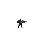 A pixelated soldier or mercenary stands ready in the darkness, gripping a large firearm. The muted color palette and central framing create a tense and focused portrait of a character poised for action.