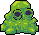 A pixelated, skull-faced slime monster with ominous dark eyes stares forward, its blob-like form rendered in varying shades of green. The creature's simple design and muted colors create a cartoonish yet slightly unsettling vibe.