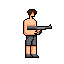 A pixel art man stands ready, gripping a grey rifle with focused determination. Shirtless and clad in grey shorts, the character exudes a serious, action-oriented vibe.