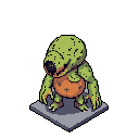 A mottled green, bulbous-headed creature with an orange belly and cross-shaped marking stands watchfully on a platform. Its strange anatomy and dark features create an unsettling, almost grotesque, presence.