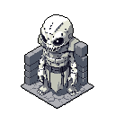 A menacing skeletal statue, rendered in a gothic pixel art style, stands on a cracked stone platform. Its isometric perspective and blocky design evoke a retro video game aesthetic.