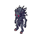 A menacing, shadowed humanoid creature with piercing red eyes dominates this pixel art, its unsettling presence amplified by a stark black background. The dark palette and hunched posture create an ominous and slightly sinister vibe.
