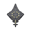 This pixel art features a stationary, diamond-shaped spaceship with a speckled gray hull and yellow lights. The ship's design, complete with rear engines, suggests a serious and technologically advanced military or industrial vessel.